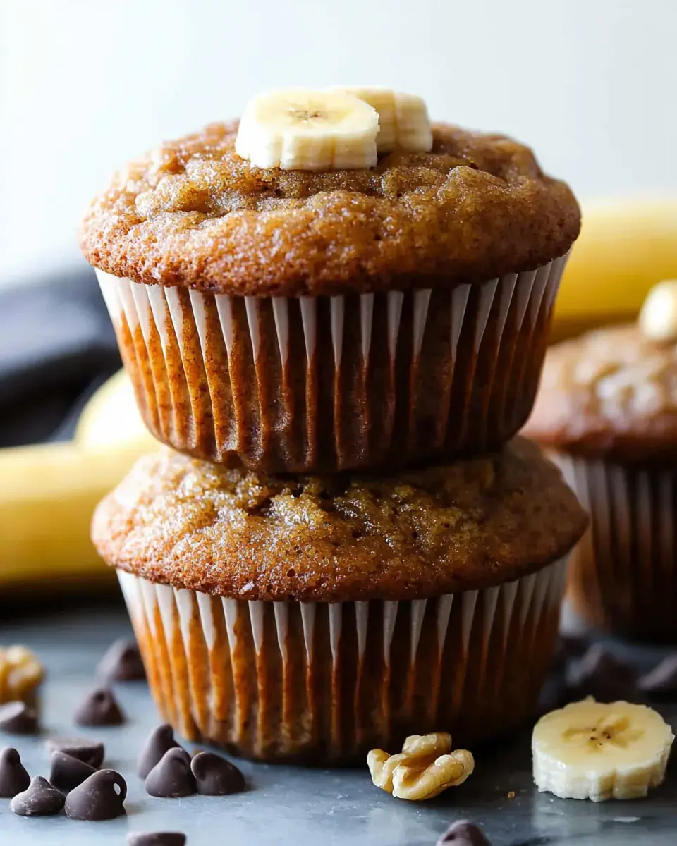 A stack of two banana muffins topped with banana slices, surrounded by chocolate chips and walnuts.