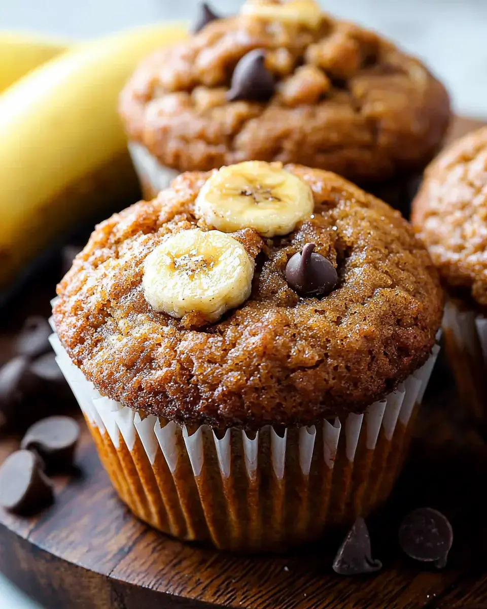 A close-up of banana muffins topped with banana slices and chocolate chips, served on a wooden platter with bananas in the background.