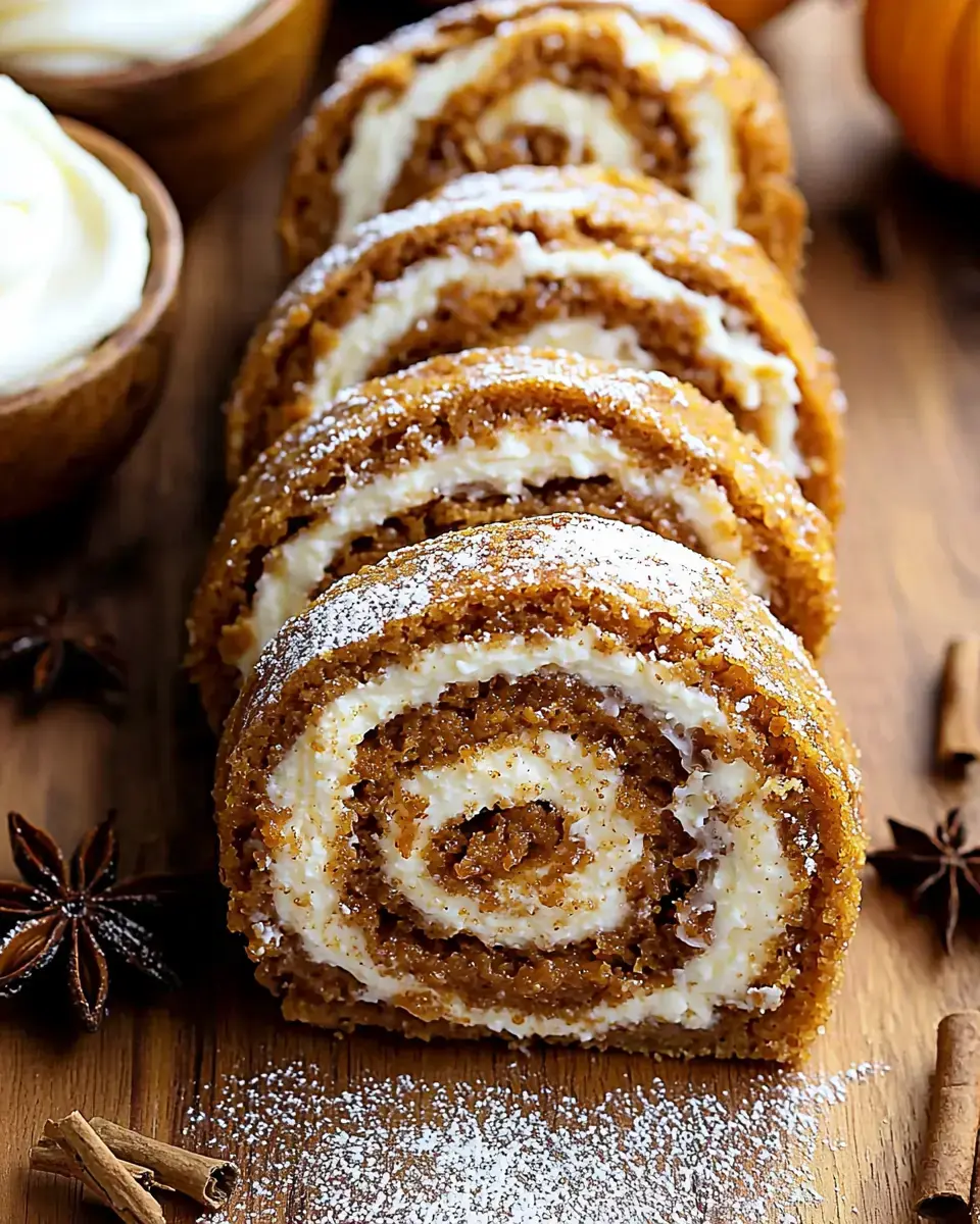 A close-up of several slices of a pumpkin roll cake with cream filling, dusted with powdered sugar, beside star anise and cinnamon sticks on a wooden surface.