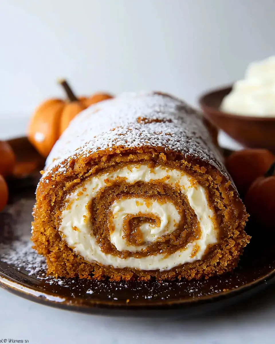 A delicious pumpkin roll cake dusted with powdered sugar and filled with creamy frosting, surrounded by small pumpkins.