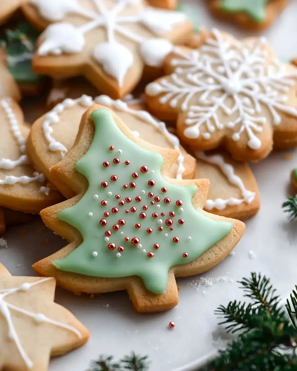 A decorative assortment of Christmas-themed cookies, including a green tree-shaped cookie with red and white sprinkles, set against a backdrop of snowflake and star-shaped cookies.