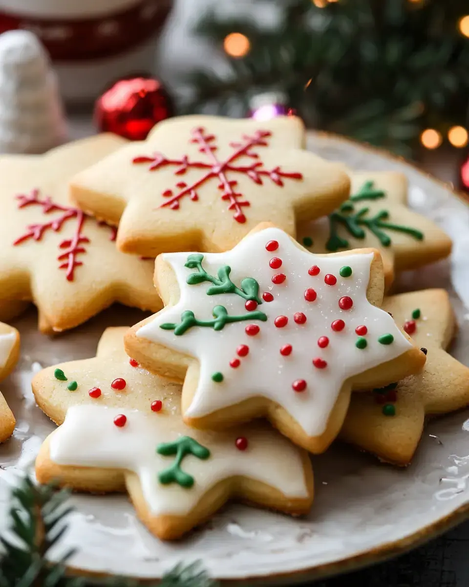 A plate of decorated holiday cookies, featuring snowflake and holly designs, sits amidst festive decorations.