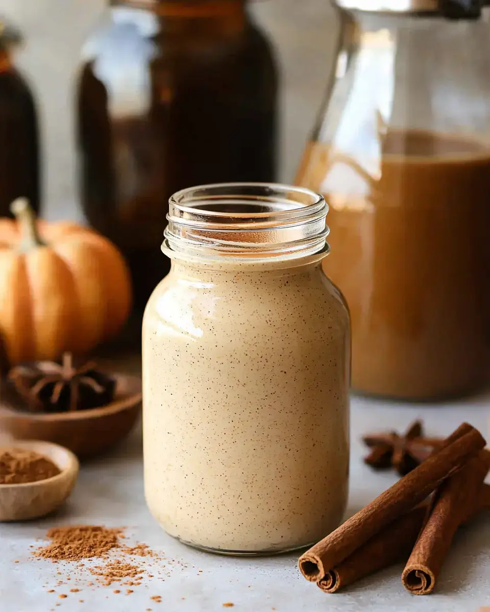 A glass jar filled with creamy, spiced liquid sits in front of cinnamon sticks and a small bowl of ground spices, with pumpkin and other jars in the background.