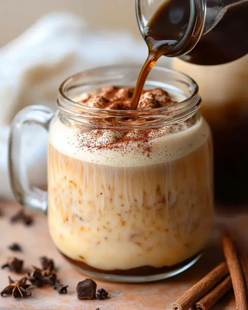 A coffee drink is being poured into a glass mug topped with foam and spices, surrounded by star anise and cinnamon sticks.