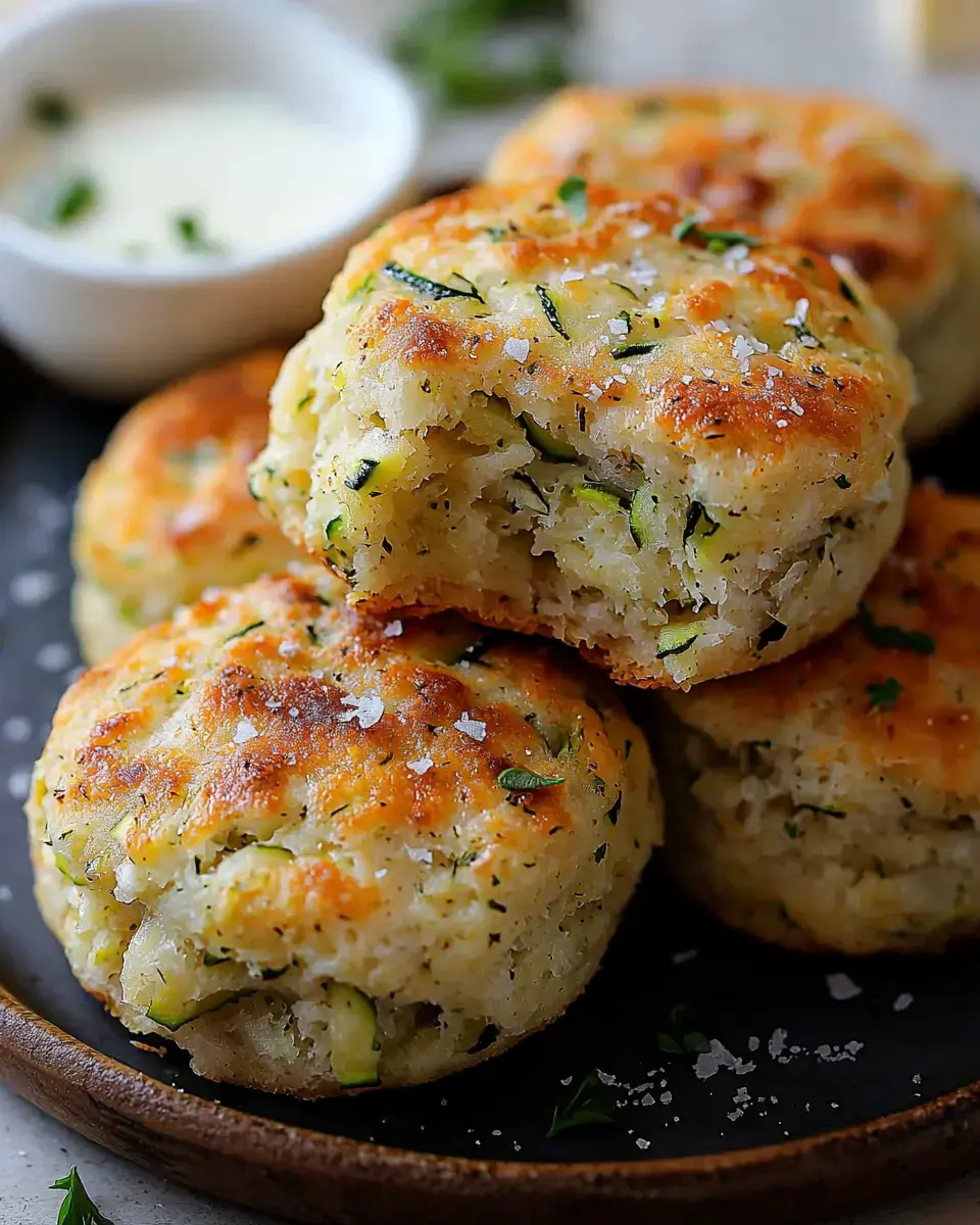 A pile of golden-brown zucchini biscuits with a dusting of salt, served on a rustic plate next to a small bowl of dipping sauce.