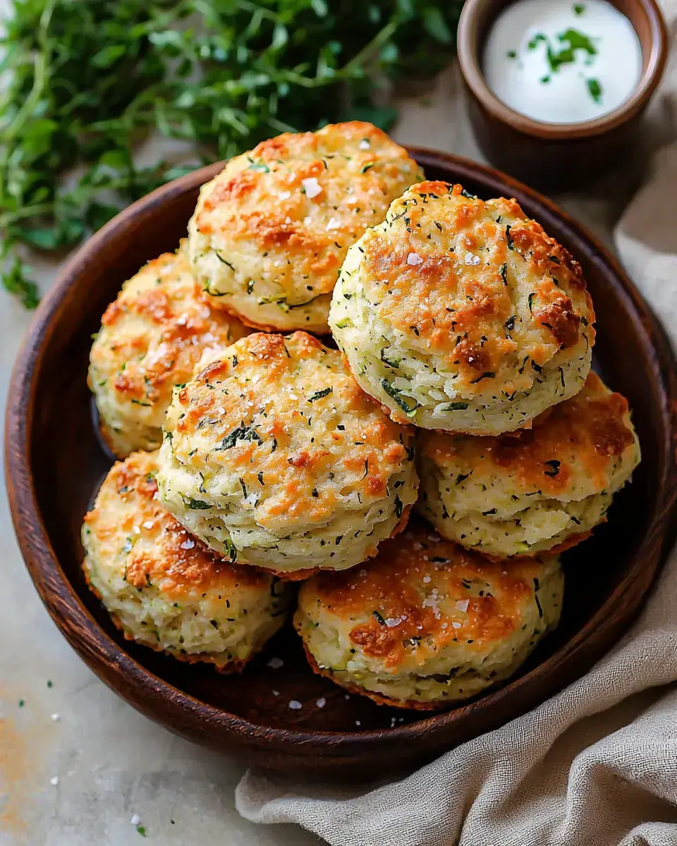 A wooden bowl filled with golden-brown, herb-infused biscuits, accompanied by a small dish of white sauce.