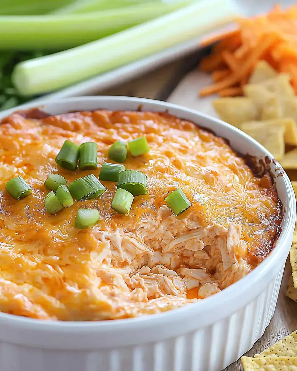 A creamy, cheesy dip topped with green onions, served with tortilla chips and accompanied by celery and grated carrots in the background.