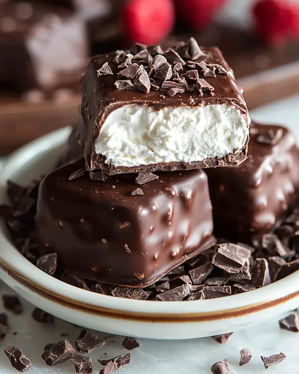 A close-up of two chocolate-covered marshmallow squares, one partially bitten, surrounded by chocolate shavings and garnished with fresh raspberries.