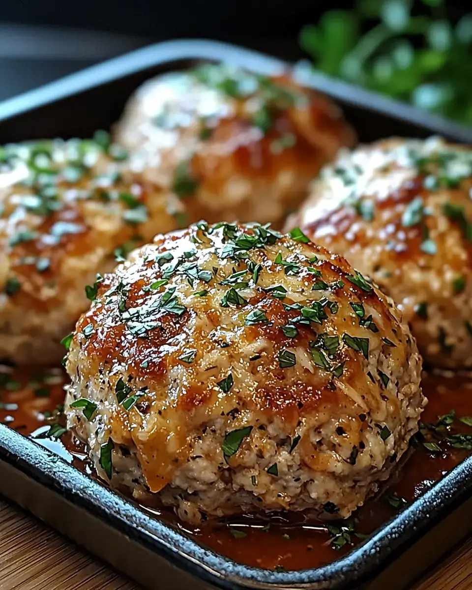 A close-up of three golden-brown meatloaf patties, garnished with chopped parsley, resting in a savory sauce on a black baking tray.