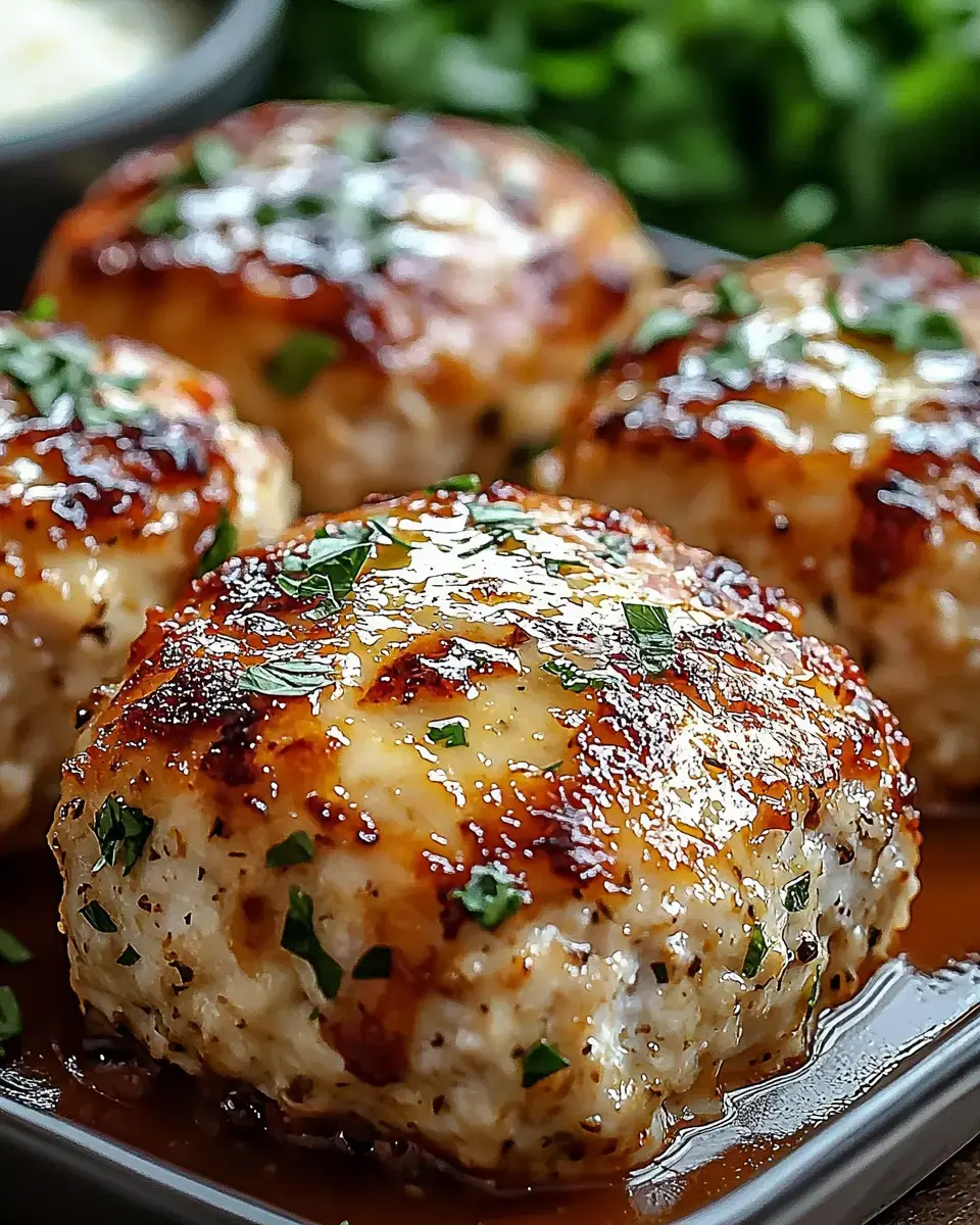 A close-up image of golden-brown, glazed chicken or fish patties garnished with chopped herbs, served on a plate.