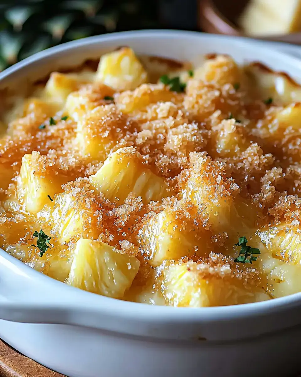 A close-up of a dish featuring baked pineapple chunks topped with a crispy brown sugar and herb garnish.