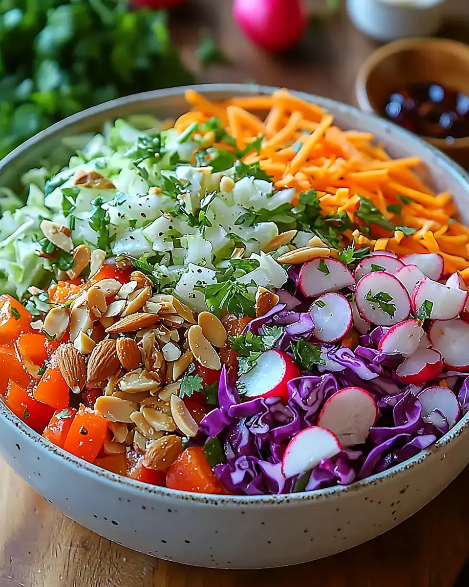 A colorful salad in a large bowl featuring chopped vegetables, almonds, and herbs.