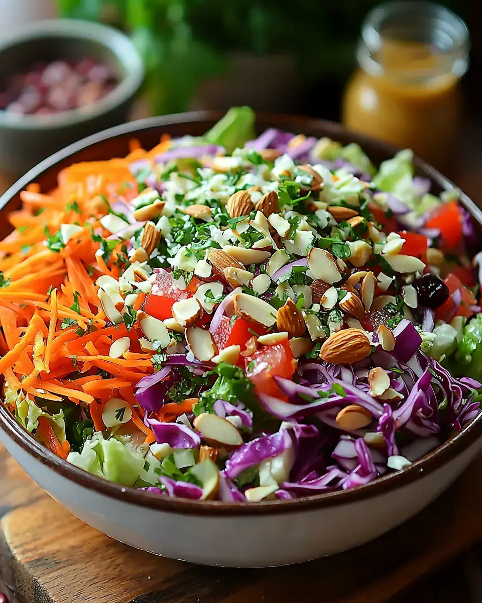 A colorful salad bowl filled with shredded carrots, red and green cabbage, diced tomatoes, and garnished with slivers of almonds and chopped herbs.