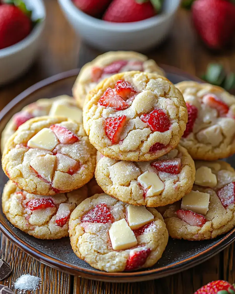 A plate of freshly baked cookies topped with strawberries and white chocolate chunks, surrounded by additional strawberries in bowls.