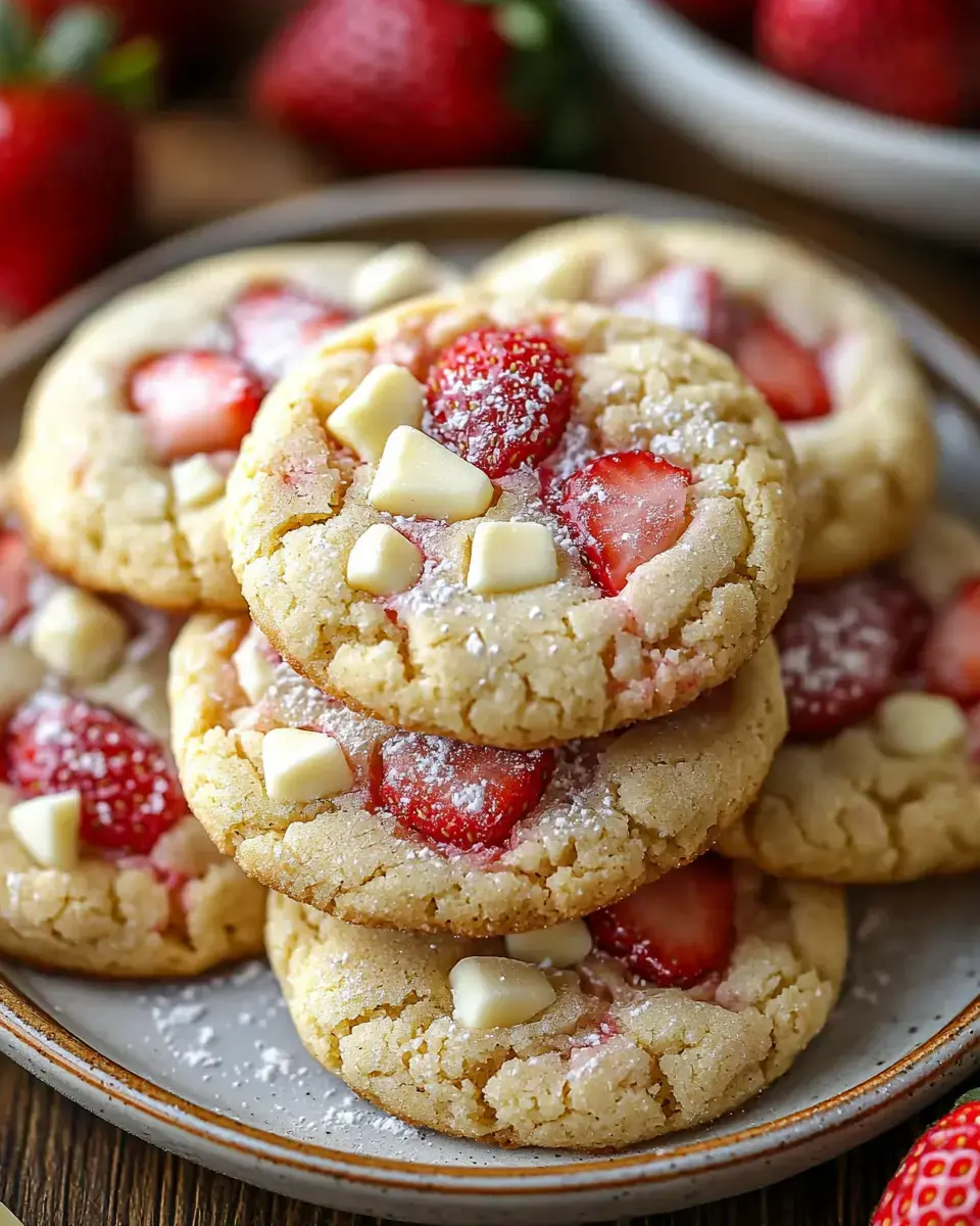 A stack of freshly baked strawberry cookies with white chocolate chips, dusted with powdered sugar, sits on a plate surrounded by whole strawberries.