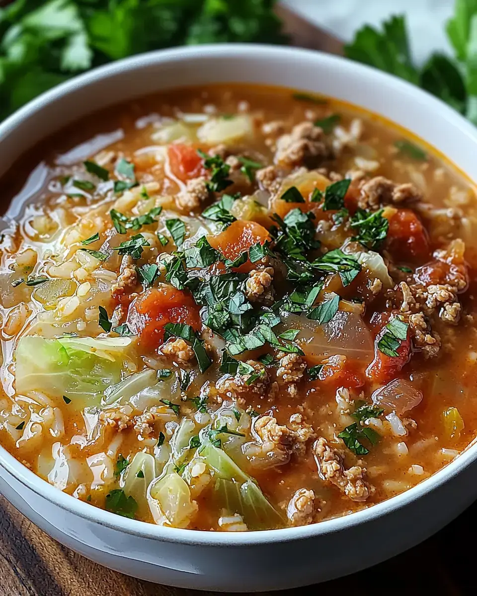 A close-up of a bowl of hearty soup featuring ground meat, vegetables like cabbage and tomatoes, and garnished with fresh chopped herbs.