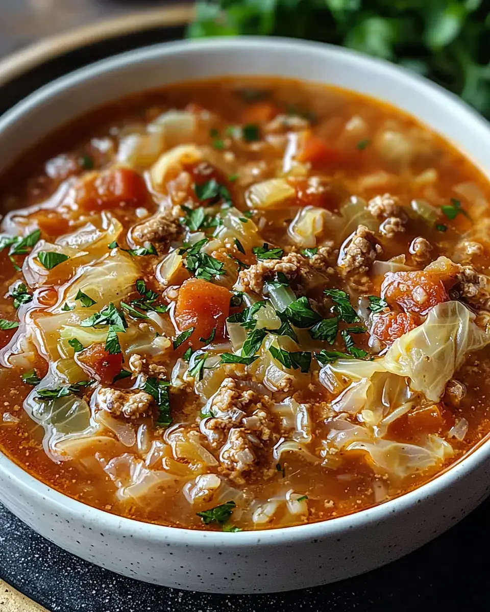 A bowl of hearty cabbage soup featuring ground meat, tomatoes, and fresh parsley garnishing the top.