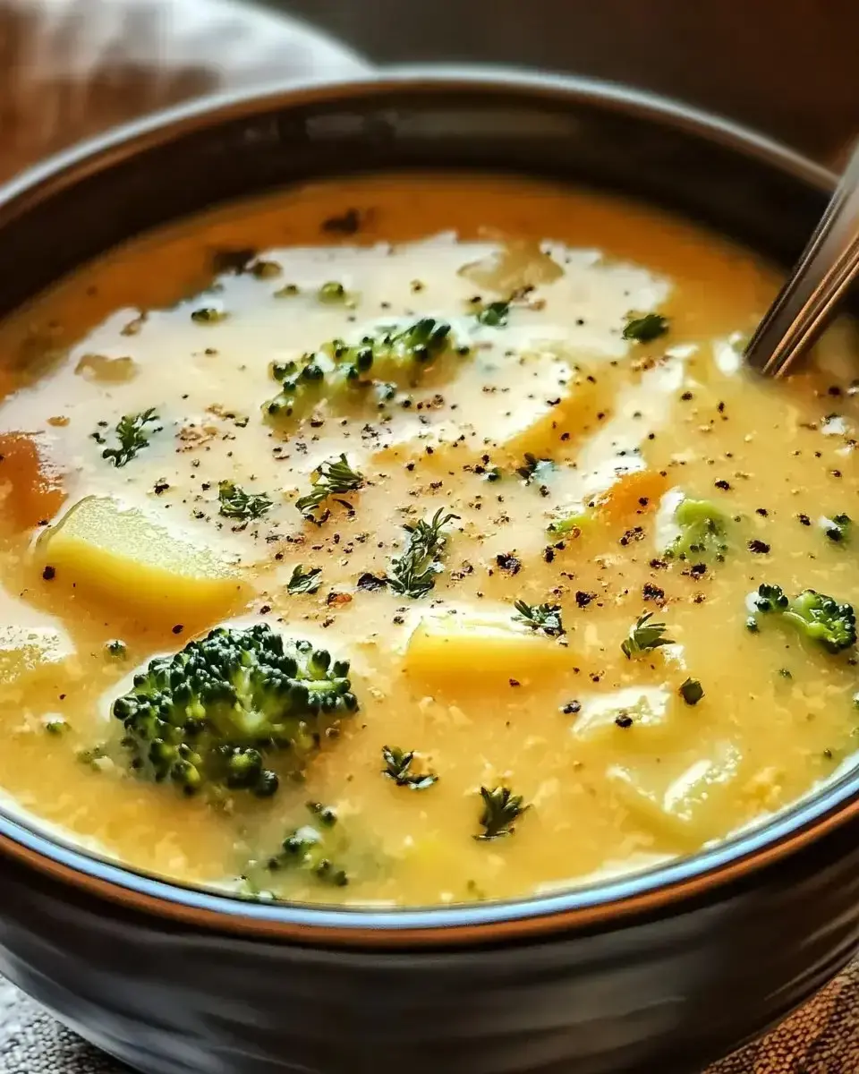 A close-up of a bowl of creamy soup featuring pieces of broccoli and potatoes, garnished with herbs and black pepper.