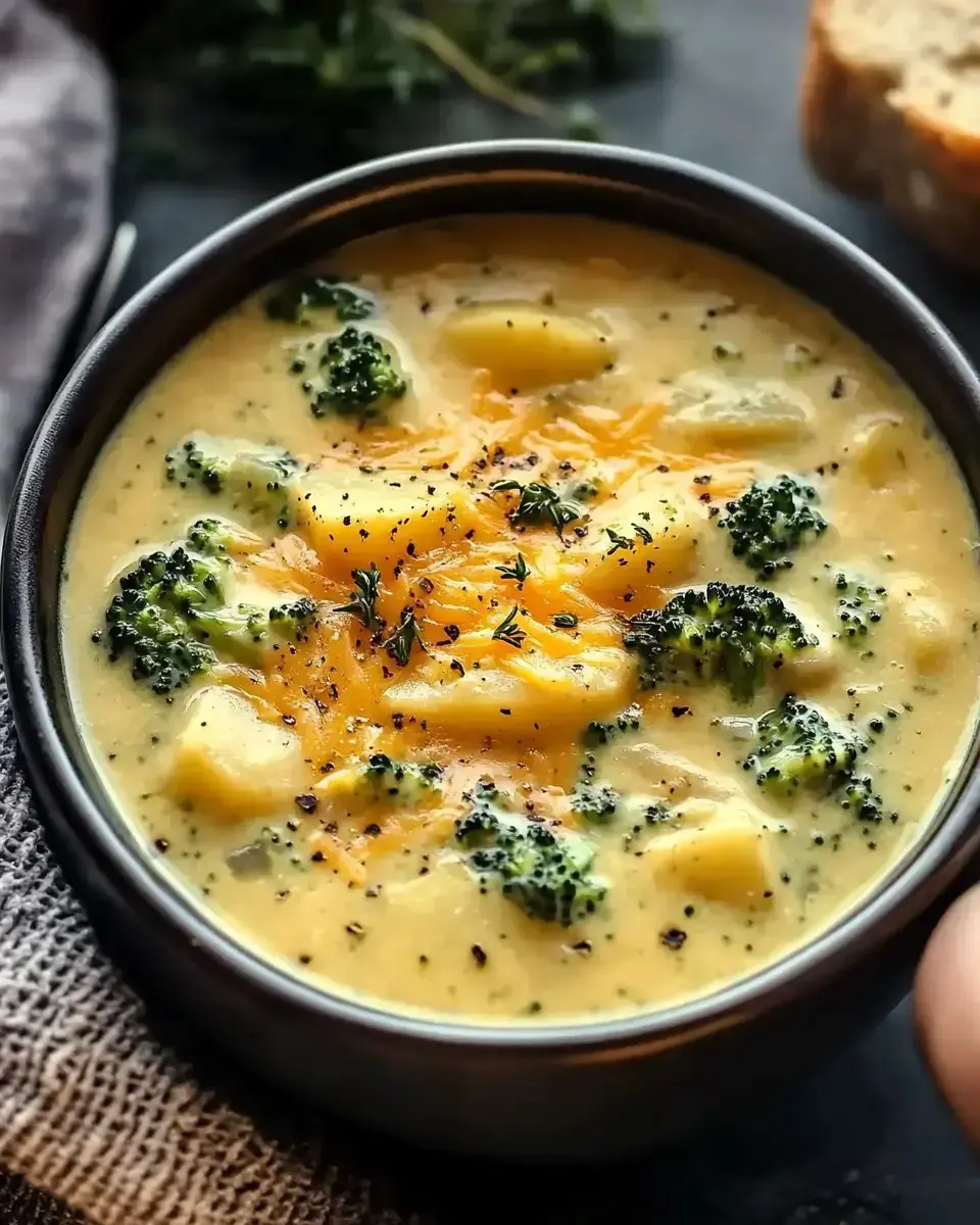 A bowl of creamy broccoli and potato soup garnished with shredded cheese and black pepper, alongside a piece of bread.