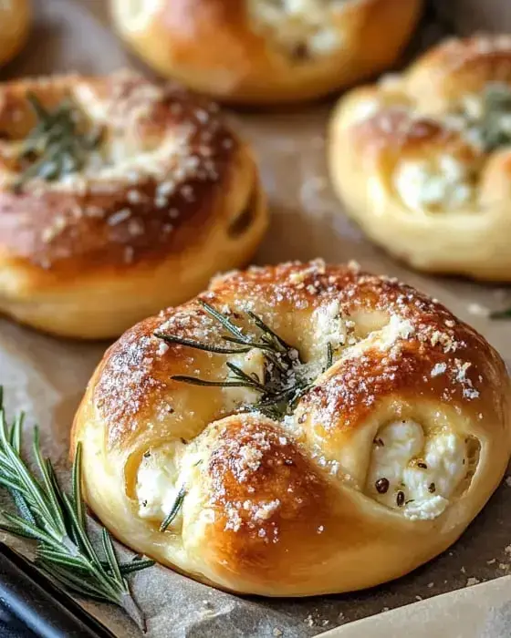 Freshly baked cheese-filled bread knots topped with herbs and sprinkled with cheese, arranged on parchment paper.