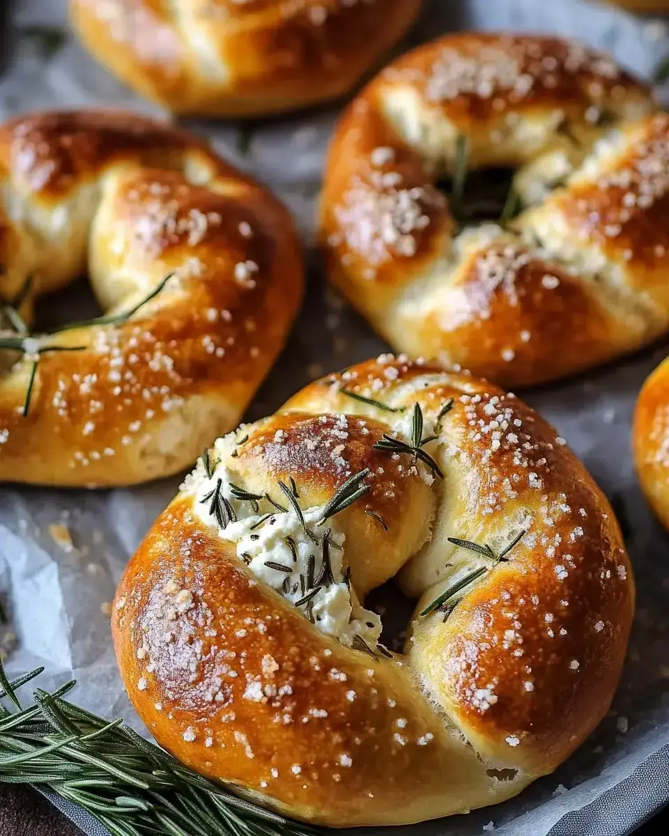 A close-up of freshly baked, golden-brown bagels topped with coarse salt and garnished with rosemary.