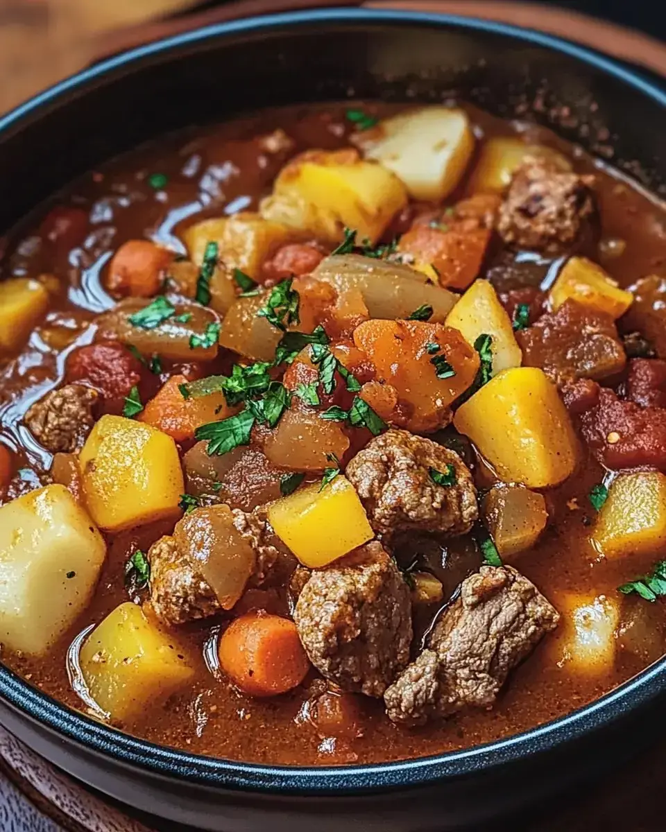 A hearty bowl of beef stew filled with chunks of potatoes, carrots, and herbs in a rich broth.