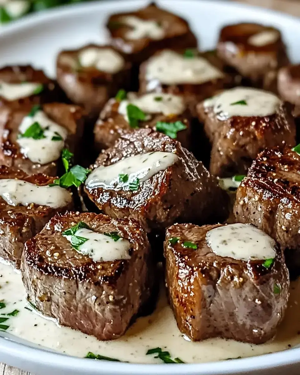 A close-up of grilled, cubed beef steak pieces drizzled with creamy sauce and garnished with fresh herbs on a white plate.