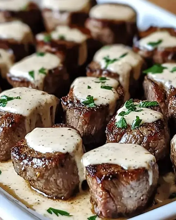 A close-up of grilled beef tenderloin pieces topped with a creamy sauce and garnished with fresh parsley.