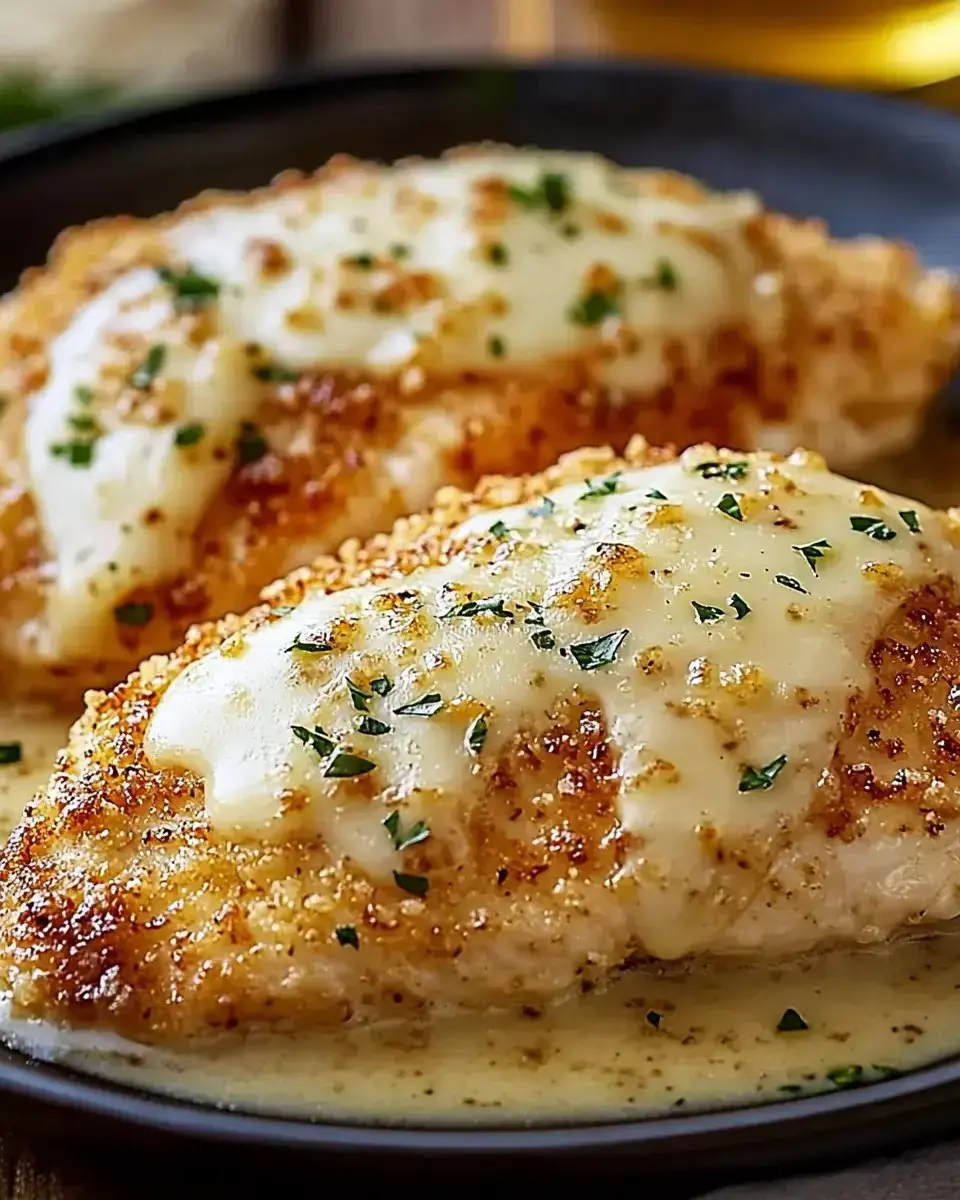 Two golden-brown chicken breasts topped with creamy sauce and garnished with parsley, served on a dark plate.