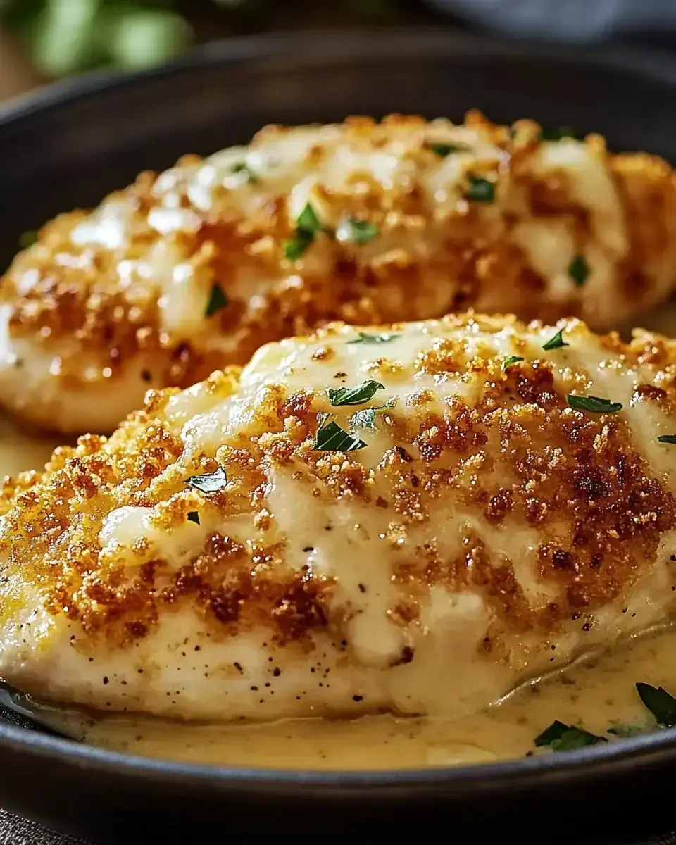 A close-up of two breaded, baked chicken breasts topped with creamy sauce and garnished with parsley, served on a dark plate.