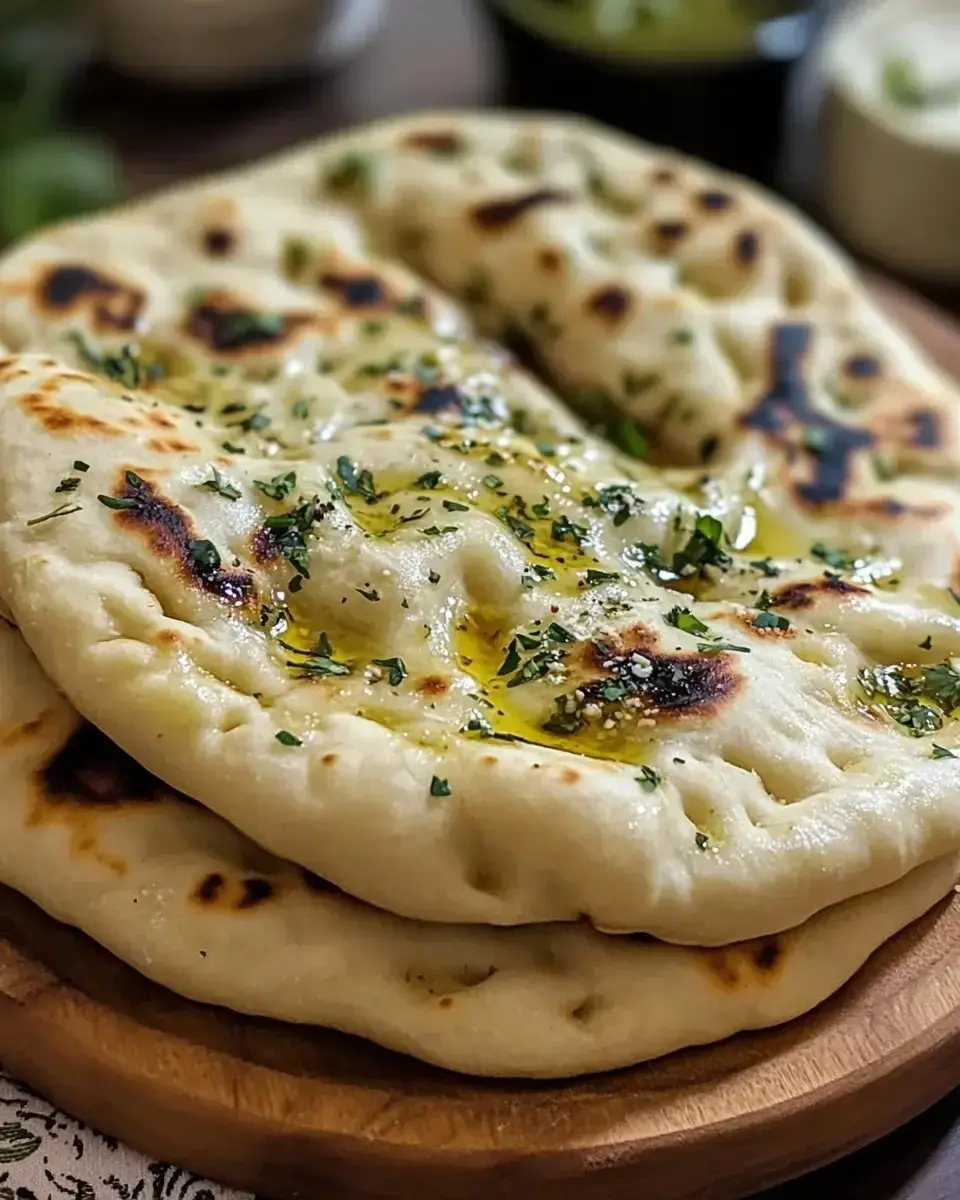 Two pieces of freshly cooked naan bread drizzled with oil and garnished with herbs, served on a wooden plate.