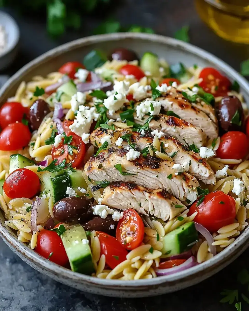 A bowl of orzo pasta topped with grilled chicken, cherry tomatoes, cucumbers, olives, red onion, and crumbled feta cheese, garnished with parsley.