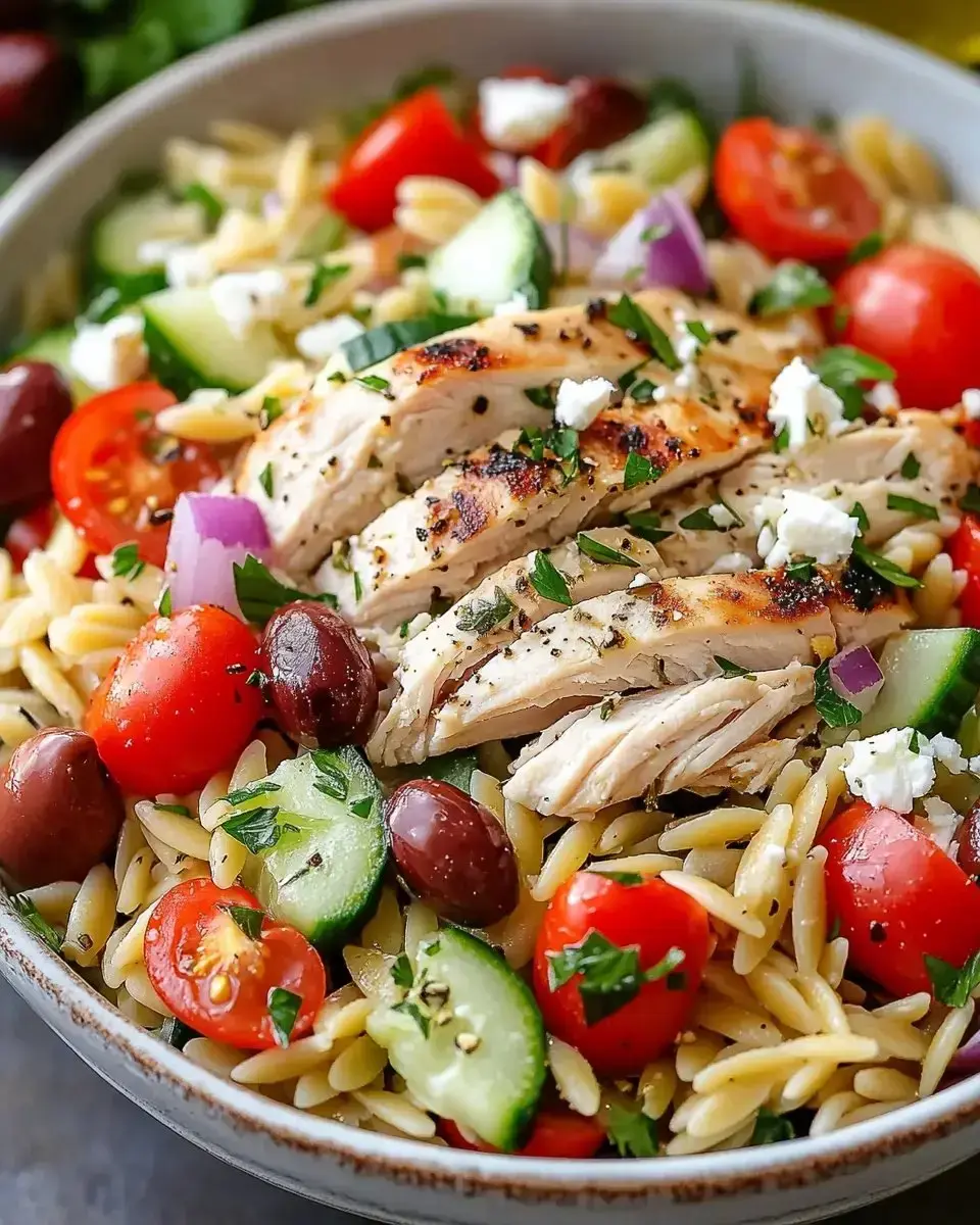 A bowl of orzo pasta salad topped with grilled chicken, cherry tomatoes, cucumbers, olives, red onion, and crumbled feta cheese.