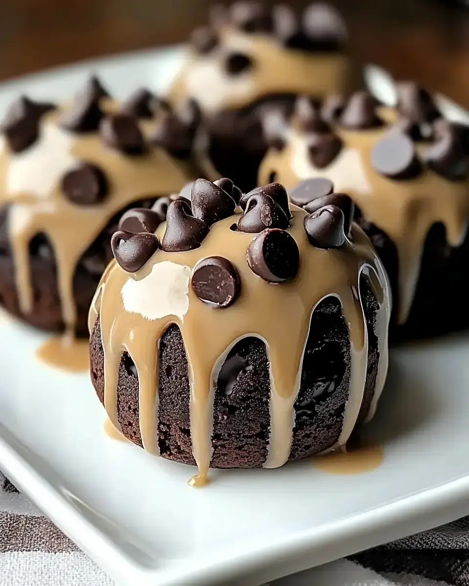 A close-up image of chocolate desserts topped with a creamy drizzle and chocolate chips on a white plate.