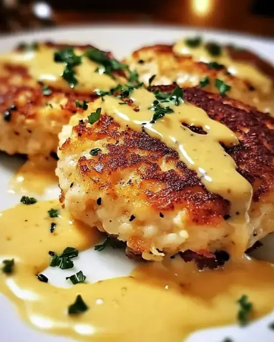 Three golden-brown patties are drizzled with a creamy sauce and garnished with fresh parsley on a plate.