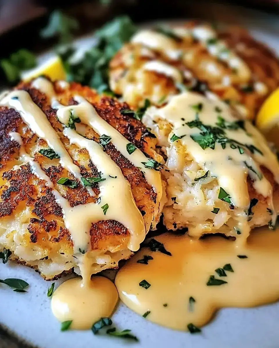 A close-up of two golden-brown crab cakes drizzled with creamy sauce and garnished with fresh parsley on a plate.