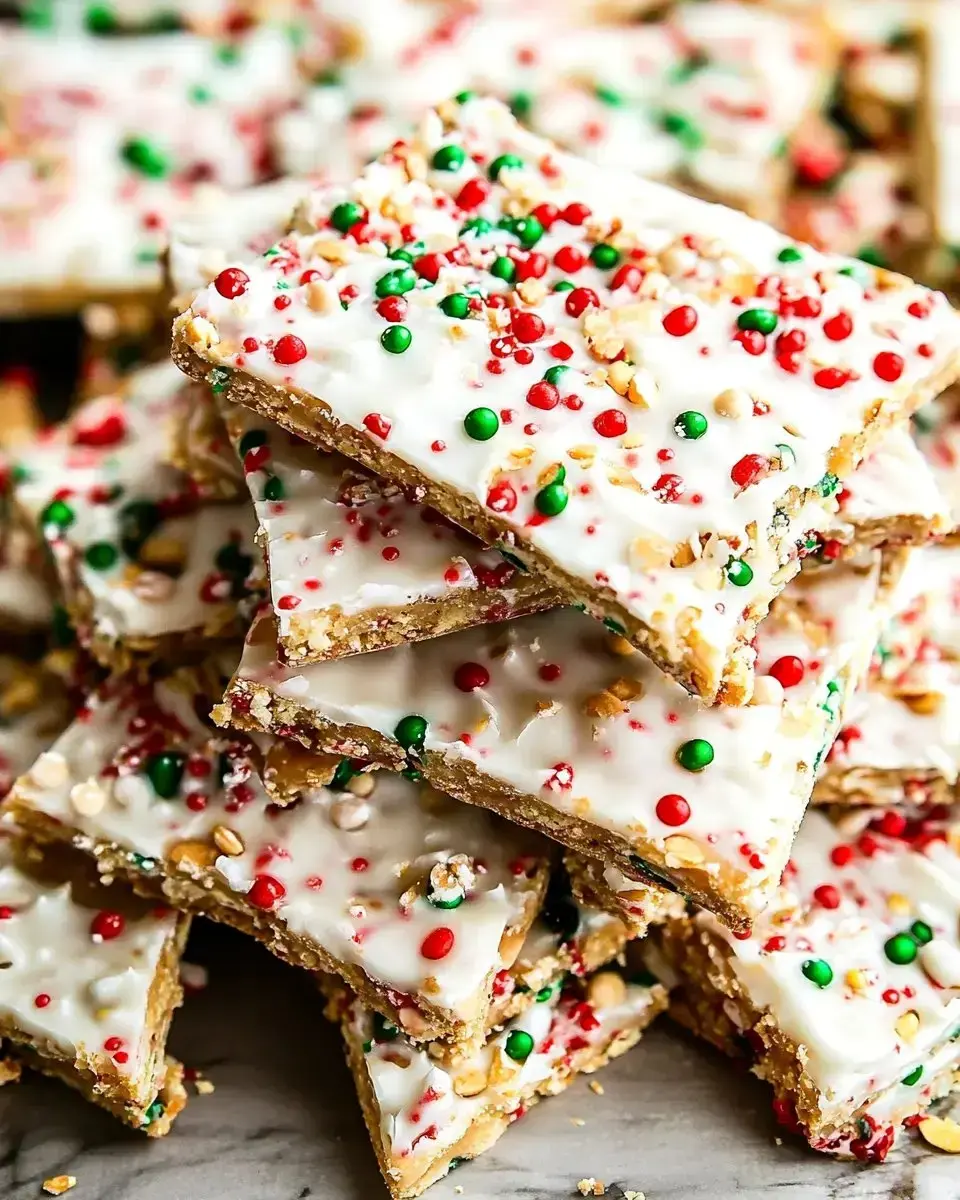 A stacked pile of festive, decorated dessert bars topped with white frosting and colorful red and green sprinkles.