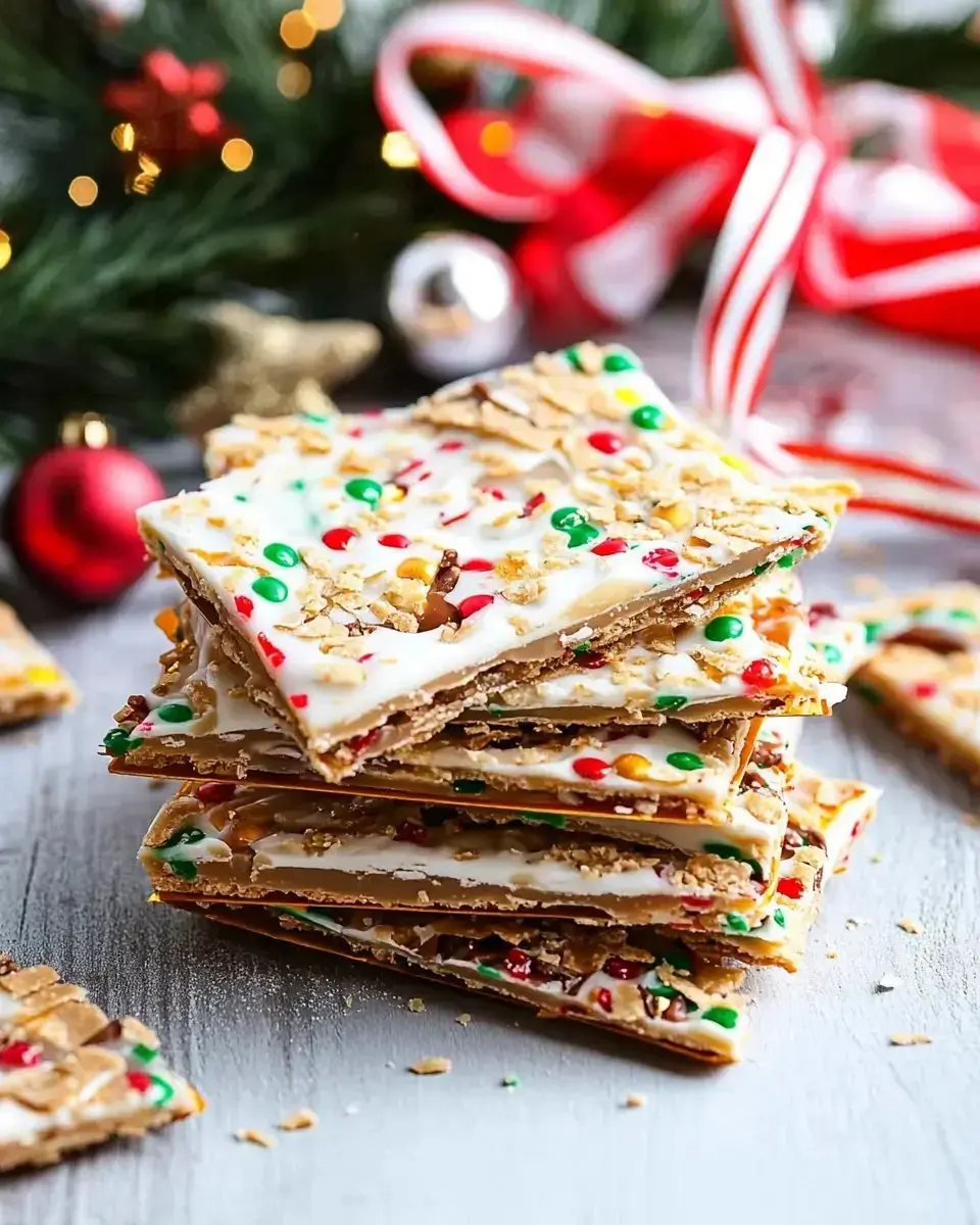 A stack of festive, decorated dessert bars topped with colorful candies and placed on a wooden surface, with holiday decorations in the background.