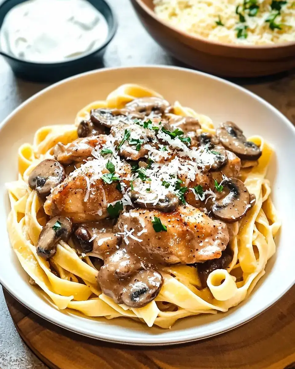 A creamy mushroom chicken fettuccine dish is served in a bowl, garnished with parsley and grated cheese.