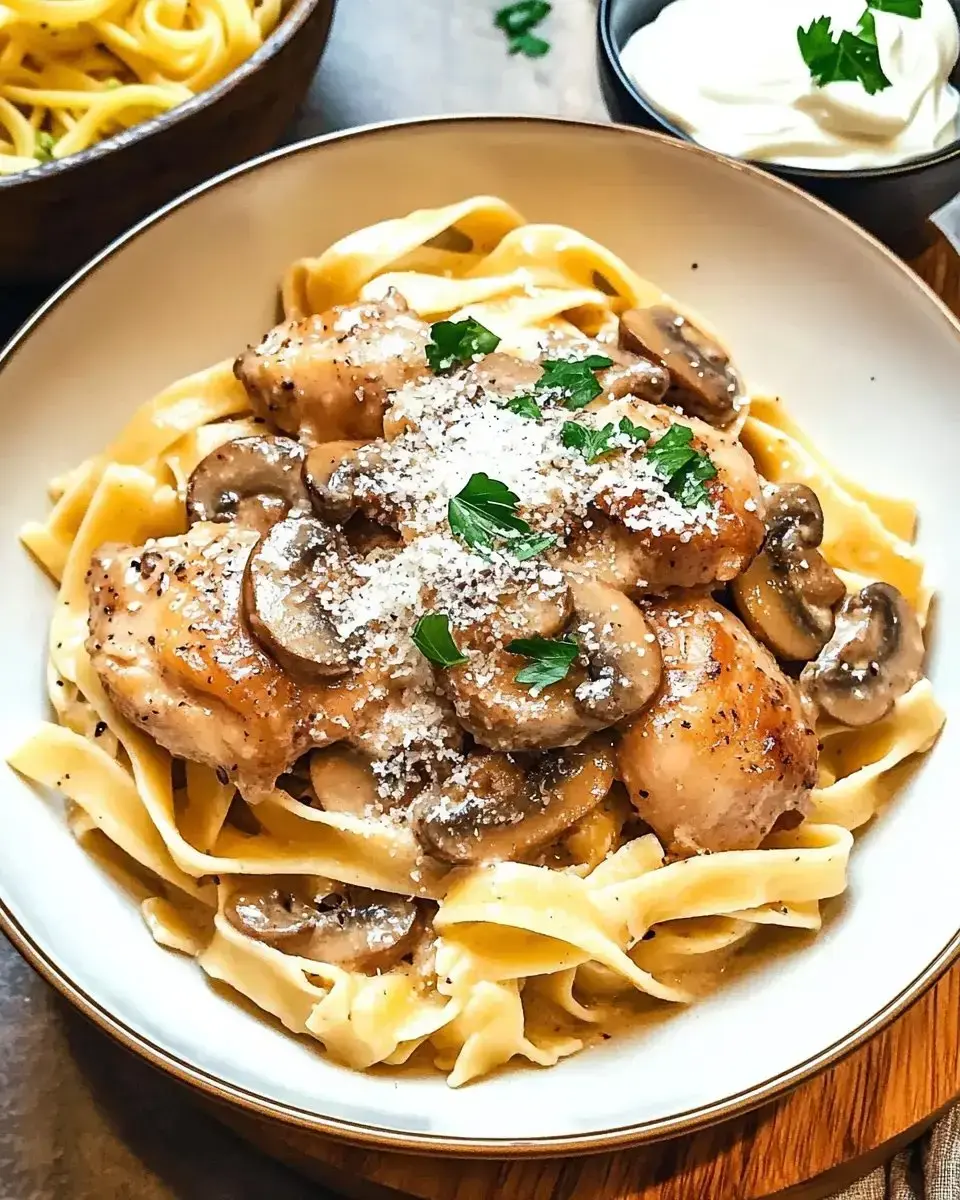 A bowl of fettuccine pasta topped with creamy mushroom sauce, chicken, grated cheese, and fresh parsley.