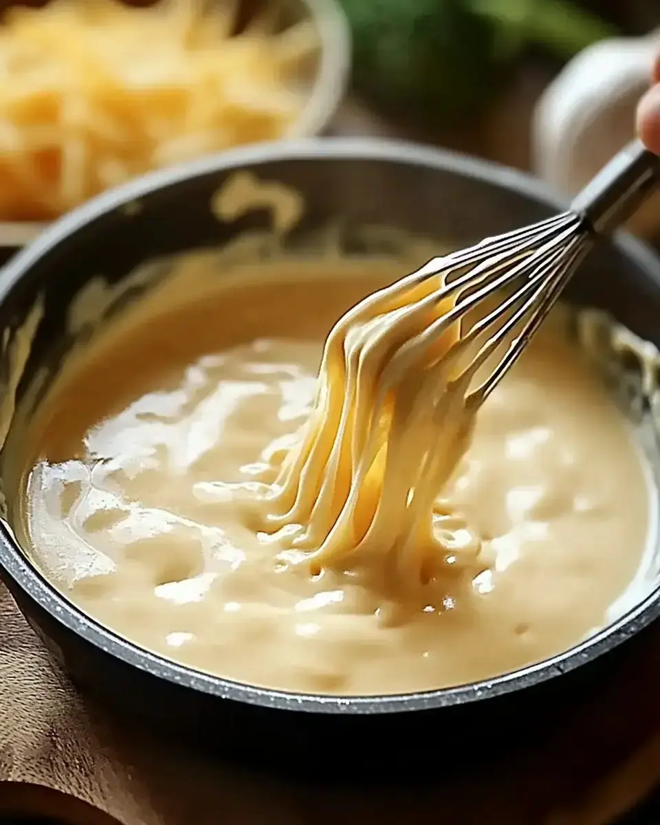 A person is whisking a thick, creamy cheese sauce in a bowl, with shredded cheese and broccoli visible in the background.