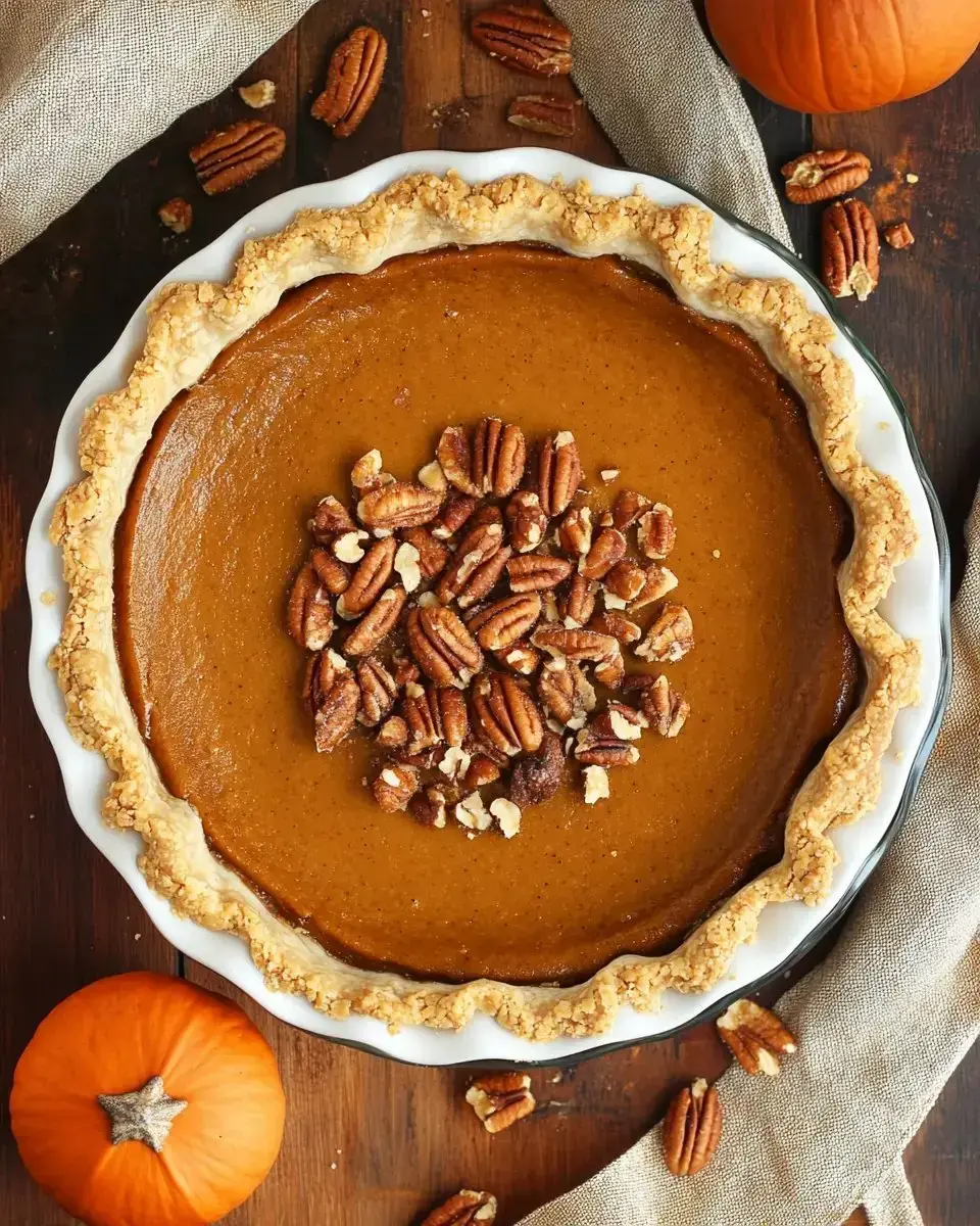 A top-down view of a pumpkin pie topped with chopped pecans, surrounded by small decorative pumpkins and a linen cloth.