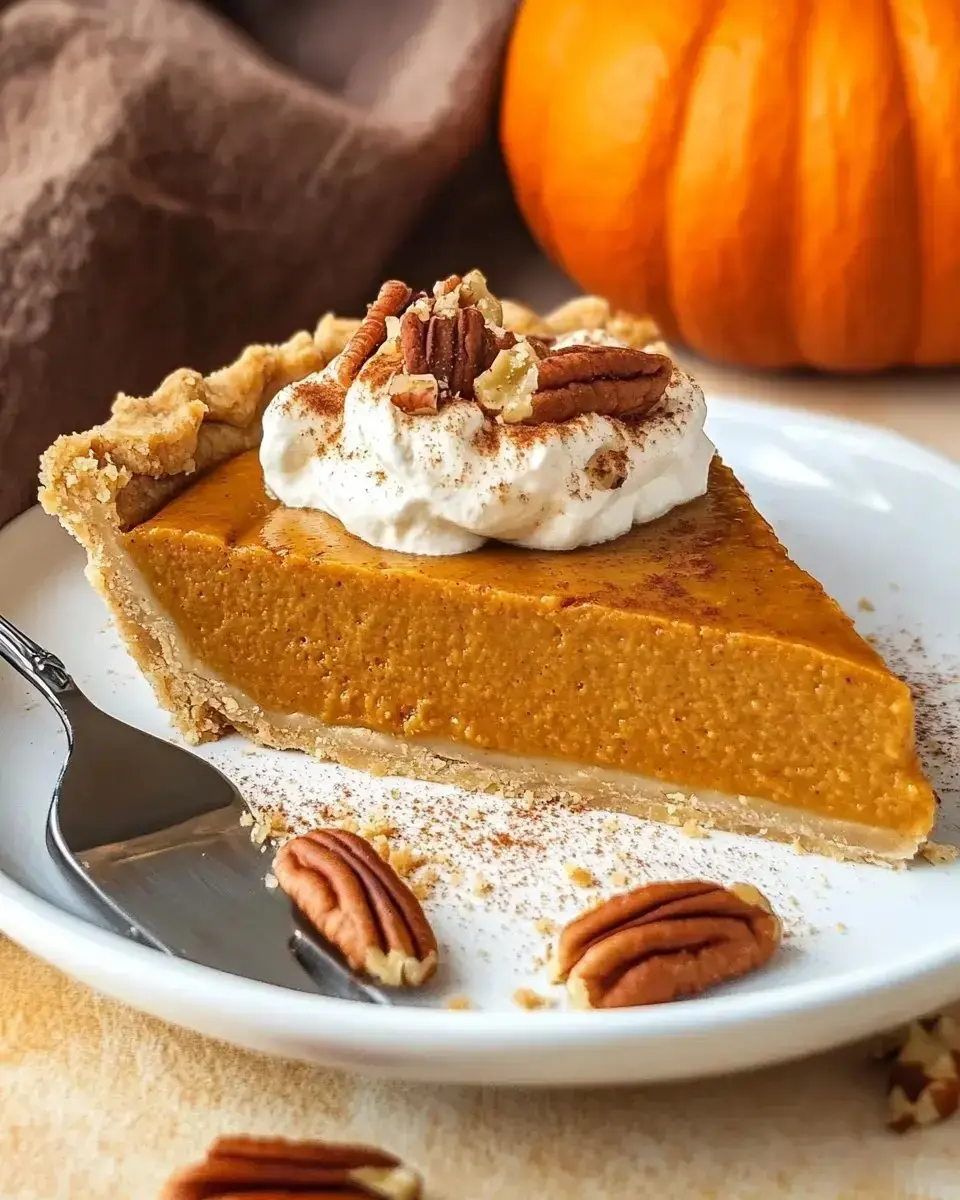 A slice of pumpkin pie topped with whipped cream, pecans, and a sprinkle of cinnamon, sitting on a white plate next to a metal pie server and surrounded by pecans and a pumpkin in the background.