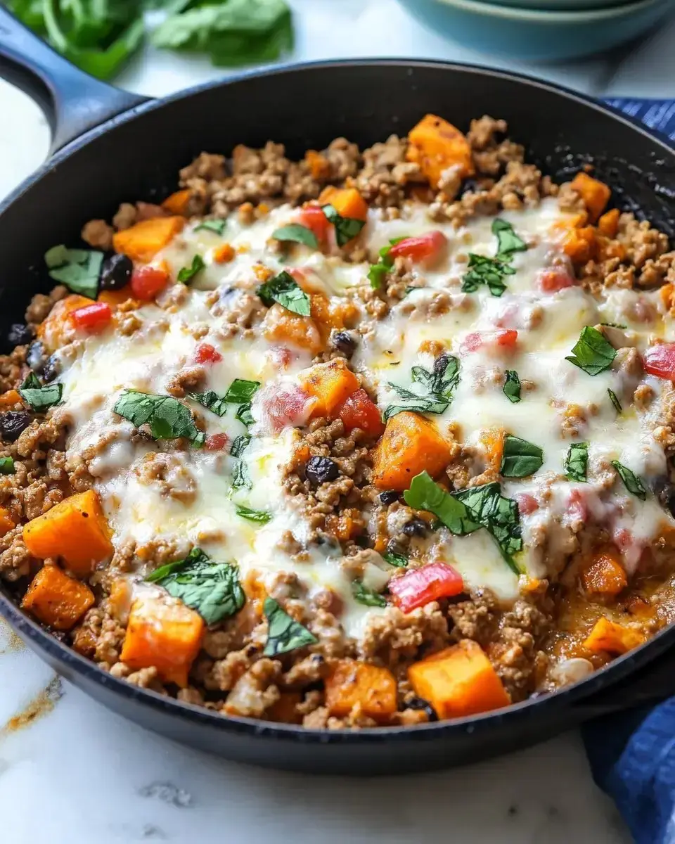 A skillet dish featuring ground meat, diced sweet potatoes, bell peppers, tomatoes, and melted cheese, garnished with fresh herbs.