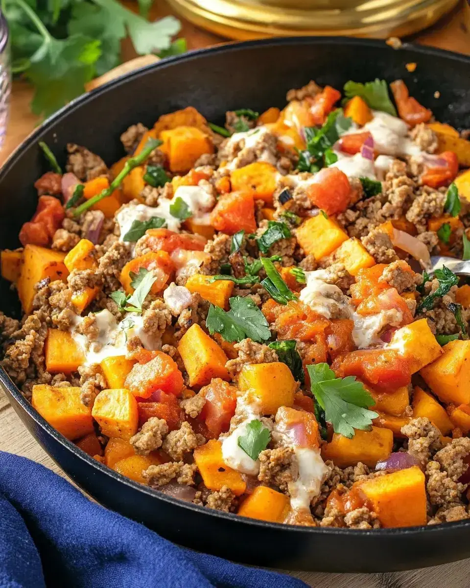 A skillet filled with cooked ground meat, diced butternut squash, tomatoes, and garnished with fresh herbs.