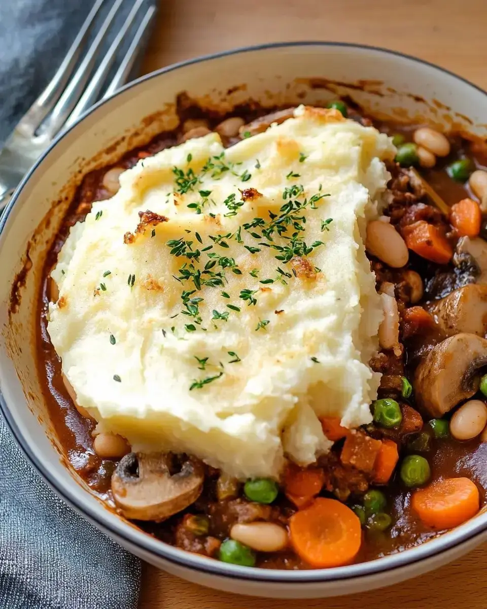 A hearty dish featuring a layer of creamy mashed potatoes topped with herbs, resting on a mixture of ground meat, beans, and colorful vegetables in a savory sauce.