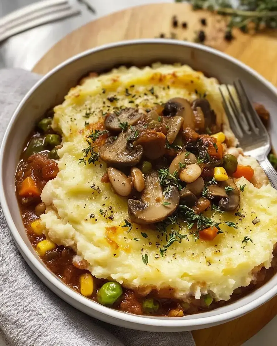 A bowl of creamy mashed potatoes topped with sautéed mushrooms and mixed vegetables in a savory sauce.