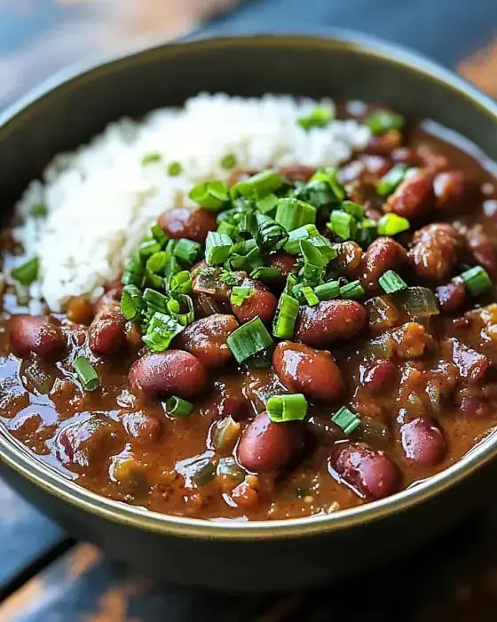 A bowl of chili topped with chopped green onions, served alongside a portion of white rice.