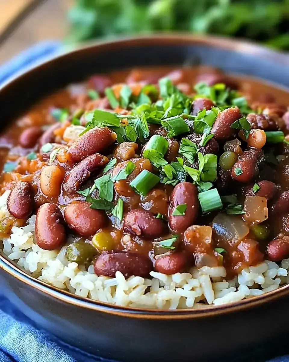 A bowl of rice topped with a hearty bean mixture and garnished with chopped green herbs.