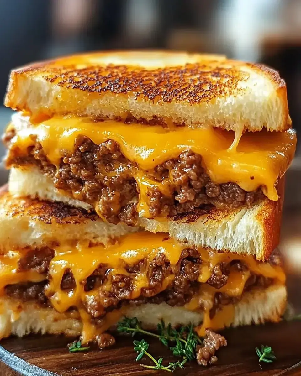 A stacked grilled cheese sandwich with melted cheddar and ground beef, served on toasted bread.